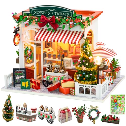 DIY Holzpuppenhaus Weihnachts Set 170PCS, DIY Miniaturhaus Lernspielzeug, Kreative Puzzle, 3D Dreidimensionales Miniaturmodell Hütte mit LED-Licht, Weihnachts DIY Hütte, für Erwachsene und Kinder von Lieberwell