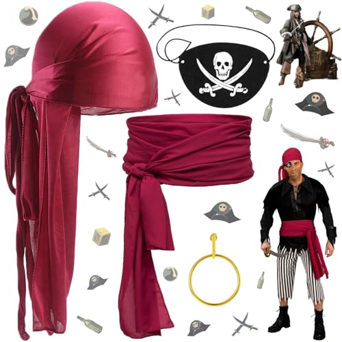 Liekadijiae 4 Stück Piraten Kostüm Zubehör, Piratenkostüm Damen, Mittelalter Piratenkostüm Zubehör, Damen Herren Piraten Verkleidung Accessories, Piraten Kopftuch Schärpe Gürtel Augenmaske Ohrringe von Liekadijiae