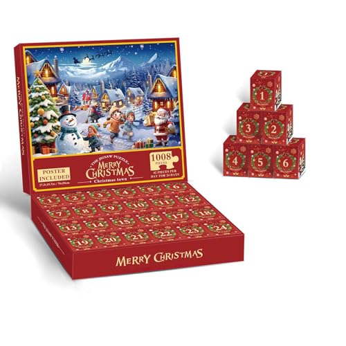 Adventskalender 2024 Weihnachtspuzzle, Weihnachtspuzzle für Erwachsene und Kinder, 1008 Teile, 24 Puzzle-Boxen für Countdown bis Weihnachten, Heimdekoration, Weihnachtsgeschenke (D) von Lifellery