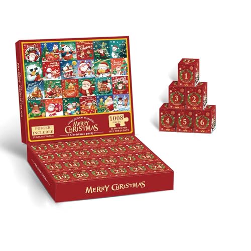 Adventskalender 2024 Weihnachtspuzzle, Weihnachtspuzzle für Erwachsene und Kinder, 1008 Teile, 24 Puzzle-Boxen für Countdown bis Weihnachten, Heimdekoration, Weihnachtsgeschenke (E) von Lifellery