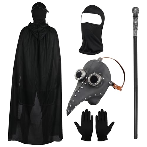 Halloween Cosplay Kostüm Set, Pest Doktor Maske Lange Nase Schnabel Maske mit schwarzen Handschuhen, Kapuzenmantel, Vollgesichtsmaske, Stock Maskerade Party Kostüm Requisiten von Lifreer