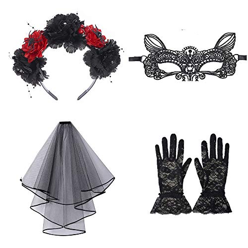 Lifreer Das Halloween-Kostüm-Set enthält ein Halloween-Stirnband, einen schwarzen Schleier, eine Rosen-Halskette, eine Spitzenmaske und kurze Spitzenhandschuhe für das Halloween-Kostümzubehör von Lifreer