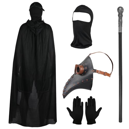 Lifreer Halloween Cosplay Kostüm Set, Pestarzt Maske Lange Nase Schnabel Maske mit schwarzen Handschuhen, Kapuzenumhang, Vollgesichtsmaske, Cane Maskerade Party Kostüm Requisiten von Lifreer