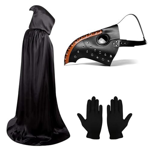 Lifreer Halloween Pest Arzt Maske, Halloween Kostüm Requisiten, Pest Arzt Kostüm, Steampunk Halloween Maske, lange Nase Vogelschnabel Maske mit Handschuhen, Kapuzenmantel für Halloween Cosplay Party von Lifreer