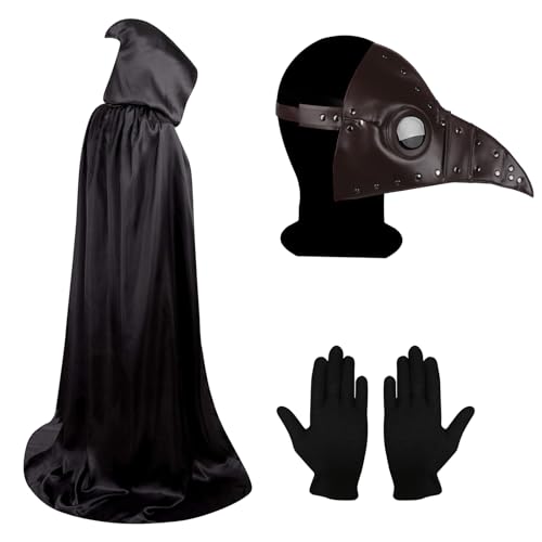 Lifreer Halloween Pest Arzt Maske, Halloween Kostüm Requisiten, Pest Arzt Kostüm, Steampunk Halloween Maske, lange Nase Vogelschnabel Maske mit Handschuhen, Kapuzenmantel für Halloween Cosplay Party von Lifreer