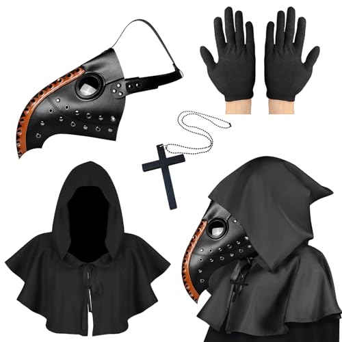 Lifreer Pest Doktor Maske, Halloween Kostüm für Männer, Steampunk Vogelmaske Pestarzt Kostüm für Erwachsene, Schwarz Orange Halloween Maske mit Handschuhen & Kapuzenumhang für Gothic Halloween von Lifreer