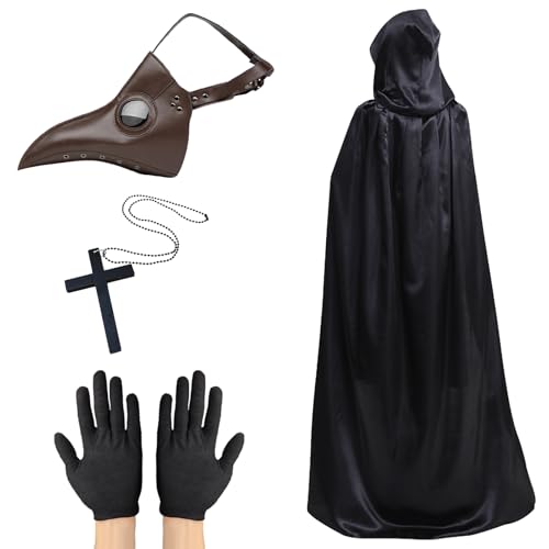 Lifreer Pest Doktor Maske, Pestarzt Kostüm Halloween Kostüm für Männer, Steampunk Vogel Maske Erwachsene, Schwarze Halloween Maske mit Handschuhen & Kapuzenumhang für Gothic Halloween Kostüm (Braun) von Lifreer