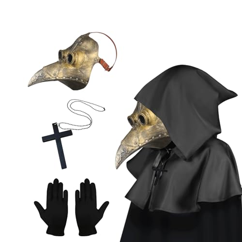 Lifreer Pest Doktor Maske, Steampunk Vogel Maske, Halloween Kostüm für Männer, Pest Arzt Kostüm Erwachsene, Gold Halloween Maske mit Handschuhen & Kapuzenumhang für Gothic Halloween Kostüm (Gold) von Lifreer