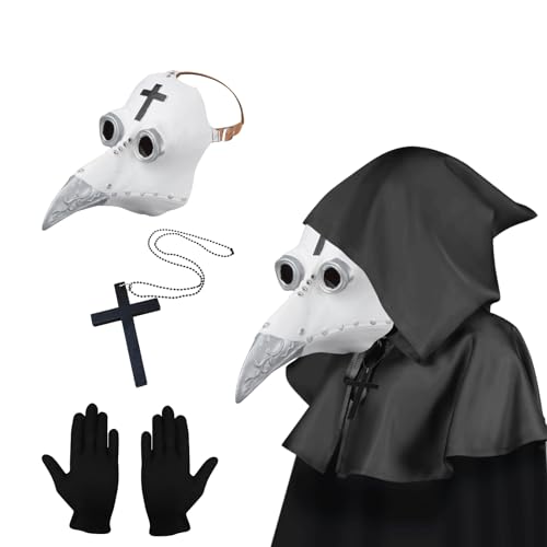 Lifreer Pest Doktor Maske, Steampunk Vogelmaske, Halloween Kostüm für Männer, Pestarzt Kostüm Erwachsene, Weiße Halloween Maske mit Handschuhen & Kapuzenumhang für Gothic Halloween Kostüm Requisiten von Lifreer