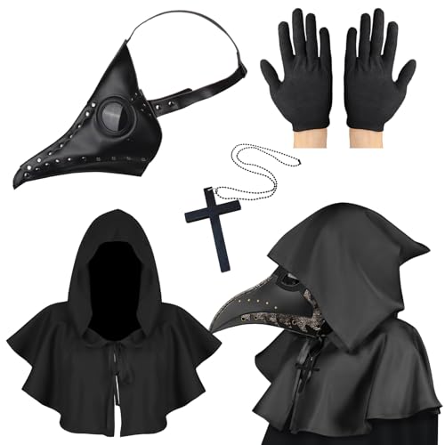 Lifreer Pest Doktoren Maske, Halloween Kostüm für Männer, Pestarzt Kostüm Steampunk Vogelmaske Erwachsene, Schwarze Nieten Halloween Maske mit Handschuhen & Kapuzenmantel Cape Gothic Halloween Kostüm von Lifreer