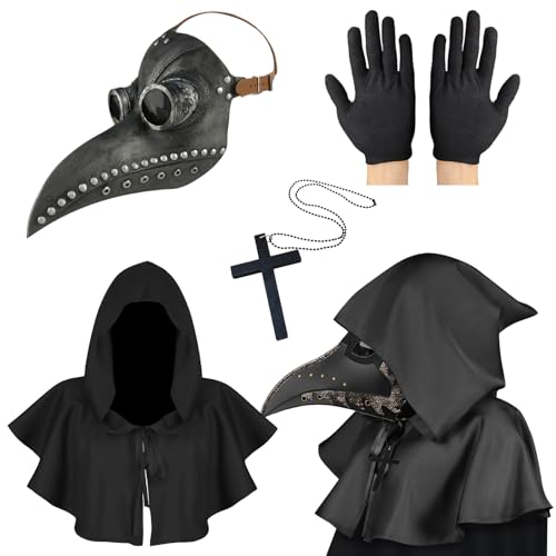 Lifreer Pest Doktoren Maske, Halloween Kostüm für Männer, Pestarzt Kostüm Steampunk Vogelmaske Erwachsene, Schwarzsilberne Halloween Maske mit Handschuhen & Kapuzenumhang für Gothic Halloween Kostüm von Lifreer