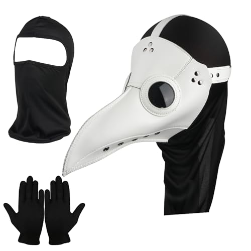 Lifreer Plague Doctor Vogelmaske Weiß Lange Nase Vogelschnabel Steampunk Cosplay Maske Kostüm Requisiten und Schwarze Handschuhe Vollgesichtsmaske für Halloween Kostüm Requisiten Festival Party Dress von Lifreer