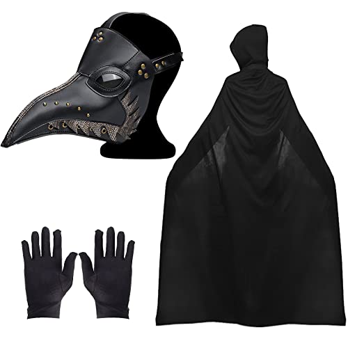 Pest Ärzte Maske Retro Leder Vogelmaske Lange Nase Vogelschnabel Lange Nase Vogelschnabel Steampunk Maske Halloween Maske mit Kapuzenumhang, Schwarze Handschuhe Halloween Kostüm Requisiten Set von Lifreer