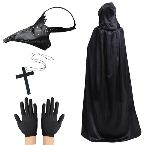 Pest Doktor Maske, Pestarzt Kostüm Halloween Kostüm für Männer, Steampunk Vogel Maske Erwachsene, Schwarze Halloween Maske mit Handschuhen & Kapuzenumhang für Gothic Halloween Kostüm (Schwarz A) von Lifreer