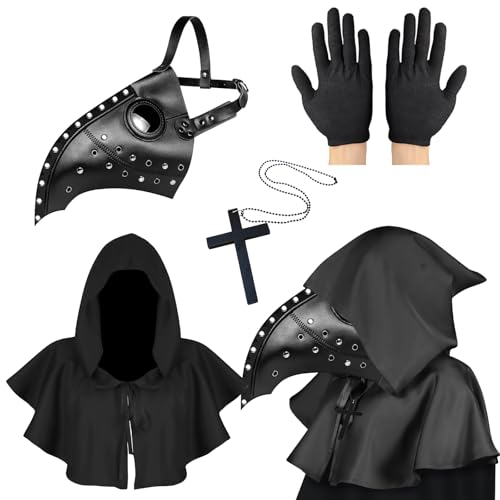 Pest Doktor Maske, Pestarzt Kostüm Halloween Kostüm für Männer, Steampunk Vogel Maske Erwachsene, Schwarze Halloween Maske mit Handschuhen & Kapuzenumhang für Gothic Halloween Kostüm (Schwarz B) von Lifreer