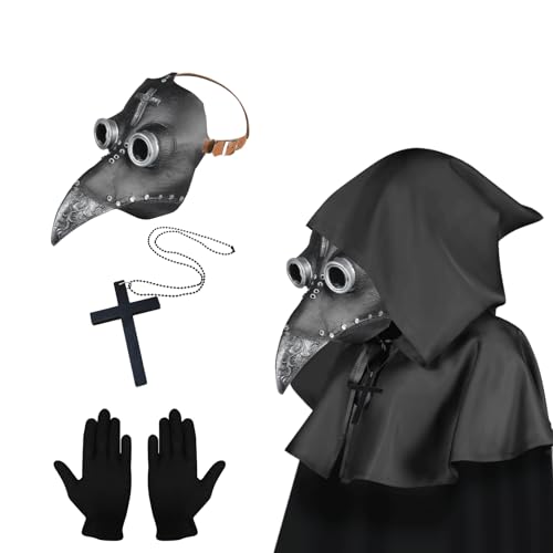 Pest Doktor Maske, Steampunk Vogel Maske, Halloween Kostüm für Männer, Pest Arzt Kostüm Erwachsene, Gold Halloween Maske mit Handschuhen & Kapuzenumhang für Gothic Halloween Kostüm (Schwarz Silber) von Lifreer