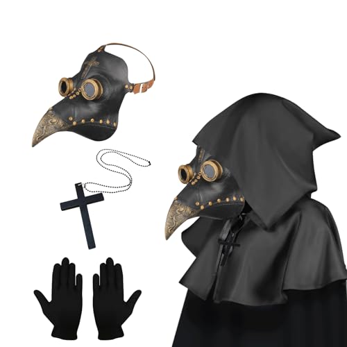 Pest Doktor Maske, Steampunk Vogel Maske, Halloween Kostüm für Männer, Pest Arzt Kostüm Erwachsene, Gold Halloween Maske mit Handschuhen & Kapuzenumhang für Gothic Halloween Kostüm (Schwarz Gold) von Lifreer