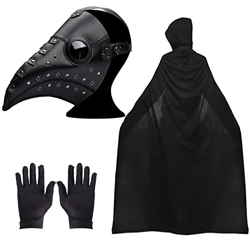 Pest Doktor Maske, Vogelmaske, Halloween Requisiten Kostüm Set, Halloween Cosplay Lange Nase Schnabel Cosplay Steampunk Maske mit schwarzem Kapuzenumhang, Schwarze Handschuhe für Halloween Party von Lifreer