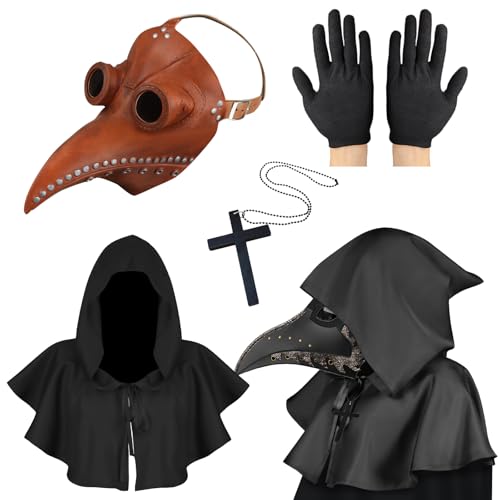 Pest Doktoren Maske, Halloween Kostüm für Männer, Pest Doktor Kostüm Steampunk Vogel Maske Erwachsene, Braune Halloween Maske mit Handschuhen & Kapuzenumhang Gothic Halloween Kostüm Requisiten von Lifreer