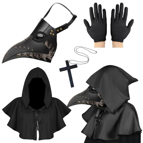 Pest Doktoren Maske, Halloween Kostüm für Männer, Pest Doktor Kostüm Steampunk Vogelmaske für Erwachsene, Schwarz Gold Halloween Maske mit Handschuhen & Kapuzenumhang für Gothic Halloween Kostü von Lifreer