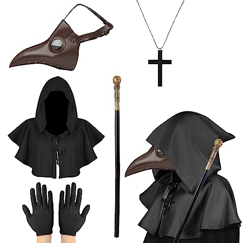 Plague Doctor Maske, Halloween Retro Steampunk Vogelmaske, PU Leder Lange Nase Vogel Schnabel Maske, Halloween Requisiten Kostüm Maske mit Umhang, Cane für Halloween Cosplay Party von Lifreer