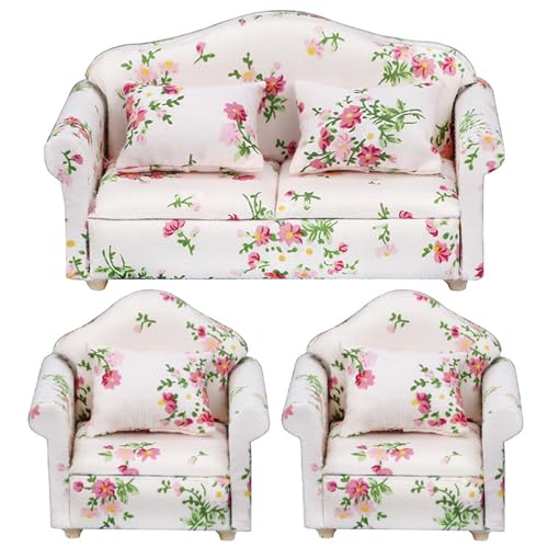 3pcs/Set 1 12 Skala Dollhouse Möbel, Blumenmuster Doppel ＆ Einzelpuppenhaus Couch mit Kissen Sessel Sofa Wohnzimmer Dollhouse Möbel Holzpuppenhauszubehör, Mini -Stuhl von Ligeinsrk