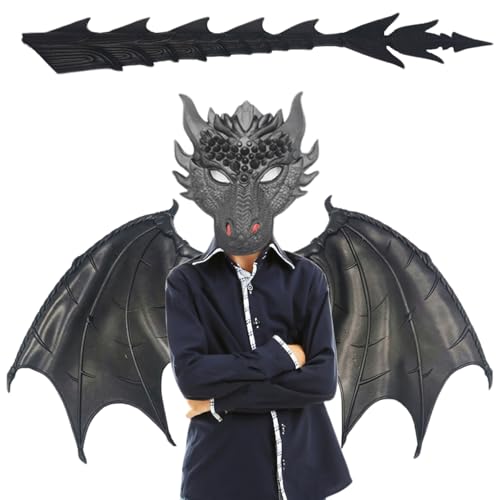 Ligeinsrk Dragon Kostüm für Kinder Evil Dragon Mask Wing Heck Set Pu Foam Faltbare Halloween-Kostüme Einer Größe Halloween Dragon Cosplay Set für Jungen Mädchen 6-14 Jahre, Black Dragon Kostüm von Ligeinsrk