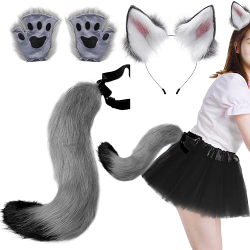 Ligeinsrk Fox Ohren und Schwanz Therian Pfoten, 3 Pack Faux Fur Therian Ausrüstung, Flauschige lustige Fox -Kostüm Erwachsene Frauen für Rollenspiele dunkelgraue Ausrüstung von Ligeinsrk