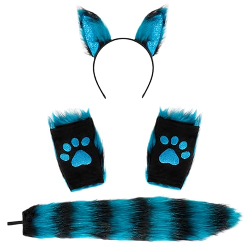 Ligeinsrk Fuchsohren und Schwanzset, elastisches Pelzstirnband, Paillon Paws Handschuhschwänze, Kostüm für Halloween Fancy Party Cosplay -Geschenke, blaues Set von Ligeinsrk