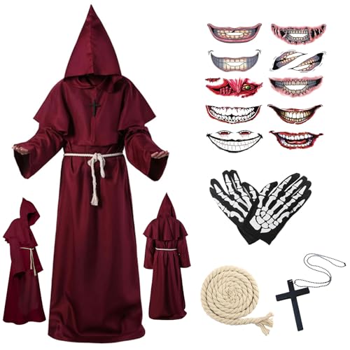 Ligtmor Halloween Kostüm Herren, Mönch Kostüm Priester Gewand mit Kapuze Mittelalterliche Kapuze Herren Männer Mönchskutte für Halloween Party Cosplay(Rot, Large) von Ligtmor