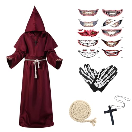 Ligtmor Halloween Kostüm Herren, Mönch Kostüm Priester Gewand mit Kapuze Mittelalterliche Kapuze Herren Männer Mönchskutte für Halloween Party Cosplay(Rot, X-Large) von Ligtmor