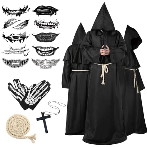 Ligtmor Halloween Kostüm Herren, Mönch Kostüm Priester Gewand mit Kapuze Mittelalterliche Kapuze Herren Männer Mönchskutte für Halloween Party Cosplay(Schwarz, Large) von Ligtmor