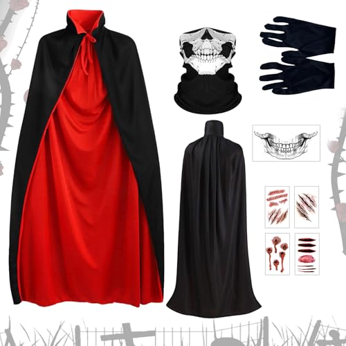 Ligtmor Halloween Umhang 1.5M Vampir Kostüm Herren Damen, Schwarzer Roter Vampir Umhang, Teufel Umhang Erwachsene Kinder, Halloween Kostüm Set für Halloween Karneval von Ligtmor