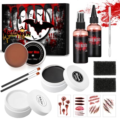 Ligtmor SFX Schminke Halloween Set, Halloween Schminkset mit Kunstblut/Scar Wax/Black and White Bodypainting Farben/Halloween Wunden zum Aufkleben, für Halloween Faschingsschminke Zombie Schminke von Ligtmor