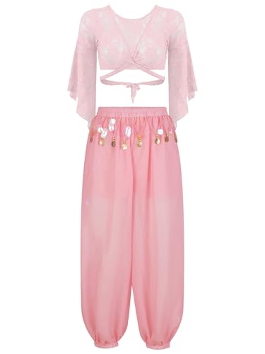 LiiYii Damen Bauchtanz Kostüm Crop Tops Bauchtanz Oberteile mit Laterne Hosen Bauchtänzer Outfits Karneval Fasching Tanzkleidung Rosa Einheitsgröße von LiiYii