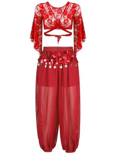 LiiYii Damen Bauchtanz Kostüm Crop Tops Bauchtanz Oberteile mit Laterne Hosen Bauchtänzer Outfits Karneval Fasching Tanzkleidung Rot Einheitsgröße von LiiYii