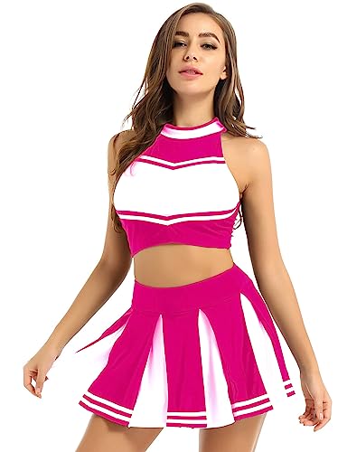 LiiYii Damen Cheer Leader Cheerleading Kostüm Set Halloween Cheer Uniform Karneval Fasching Tanzkostüm Crop Top mit Minirock Dunkel Rosa L von LiiYii