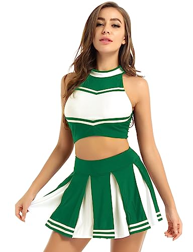 LiiYii Damen Cheer Leader Cheerleading Kostüm Crop Top mit Minirock Cheer Uniform Cosplay Karneval Fasching Tanzkostüm Grün M von LiiYii