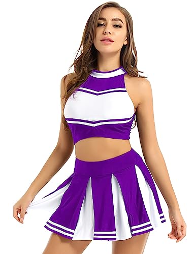 LiiYii Damen Cheer Leader Cheerleading Kostüm Set Halloween Cheer Uniform Karneval Fasching Tanzkostüm Crop Top mit Minirock Lila S von LiiYii