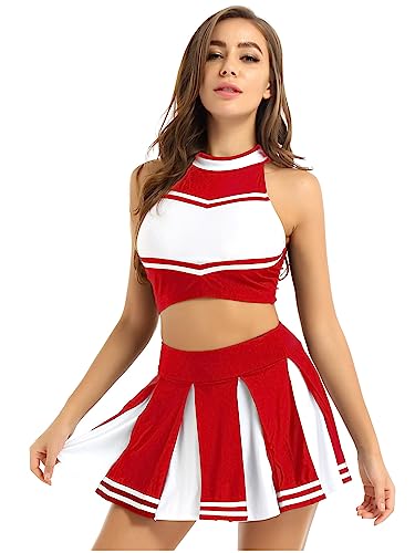 LiiYii Damen Cheer Leader Cheerleading Kostüm Set Halloween Cheer Uniform Karneval Fasching Tanzkostüm Crop Top mit Minirock Rot M von LiiYii