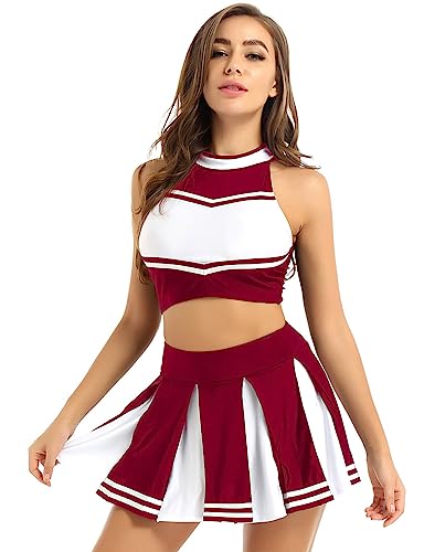 LiiYii Damen Cheer Leader Cheerleading Kostüm Set Halloween Cheer Uniform Karneval Fasching Tanzkostüm Crop Top mit Minirock Weinrot L von LiiYii