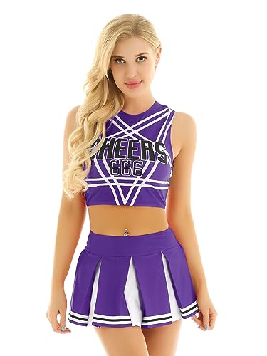 LiiYii Damen Cheer Leader Kostüm 2 Stück Crop Top mit Minirock Cheerleading Uniform Fußball Basketball Cheer Outfits Show Tanzkostüm Lila L von LiiYii