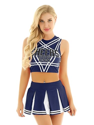 LiiYii Damen Cheer Leader Kostüm 2 Stück Crop Top mit Minirock Cheerleading Uniform Fußball Basketball Cheer Outfits Show Tanzkostüm Marine Blau L von LiiYii