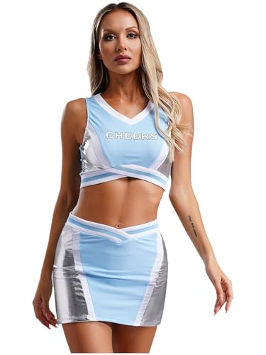 LiiYii Damen Cheer Leader Kostüm Cheerleading Tanzanzugzweiteiler Bekleidung Set Patchwork Tanzkostüm Sportlich BH und Tanzrock Himmelblau 3XL von LiiYii