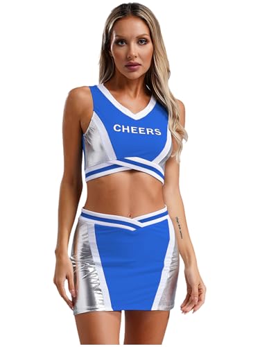 LiiYii Damen Cheer Leader Kostüm Cheerleading Tanzanzugzweiteiler Bekleidung Set Patchwork Tanzkostüm Sportlich BH und Tanzrock Königsblau 3XL von LiiYii