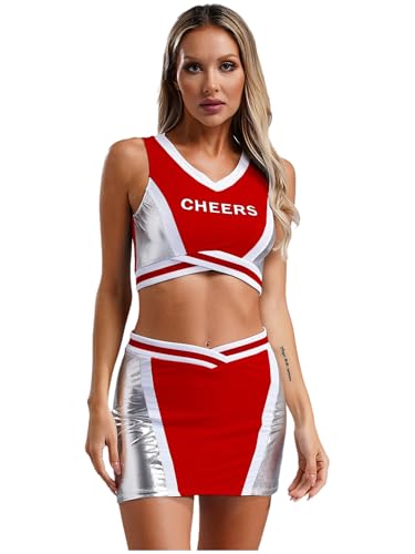 LiiYii Damen Cheer Leader Kostüm Cheerleading Tanzanzugzweiteiler Bekleidung Set Patchwork Tanzkostüm Sportlich BH und Tanzrock Rot 3XL von LiiYii