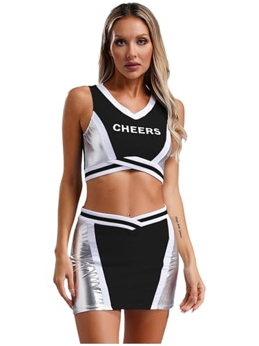 LiiYii Damen Cheer Leader Kostüm Cheerleading Tanzanzugzweiteiler Bekleidung Set Patchwork Tanzkostüm Sportlich BH und Tanzrock Schwarz 3XL von LiiYii