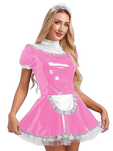 LiiYii Damen Dienstmädchen Kostüm Maid Französisch Kleid Lackleder Minikleid mit Stirnband Magd Uniform GOGO Party Nachtclub Rosa M von LiiYii