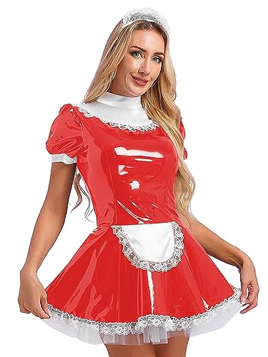 LiiYii Damen Dienstmädchen Kostüm Maid Französisch Kleid Lackleder Minikleid mit Stirnband Magd Uniform GOGO Party Nachtclub Rot 5XL von LiiYii