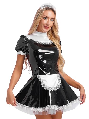 LiiYii Damen Dienstmädchen Kostüm Maid Französisch Kleid Lackleder Minikleid mit Stirnband Magd Uniform GOGO Party Nachtclub Schwarz 3XL von LiiYii